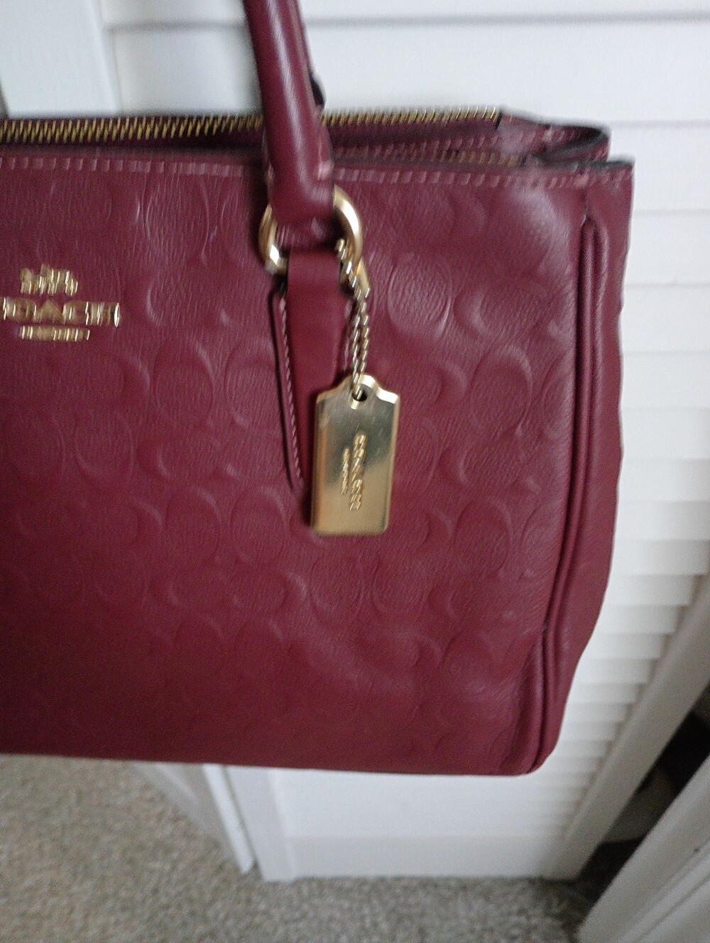 Coach Surrey Carryall Wine Red Signature Debossed Leather Satchel F78751 - Picture 7 of 10